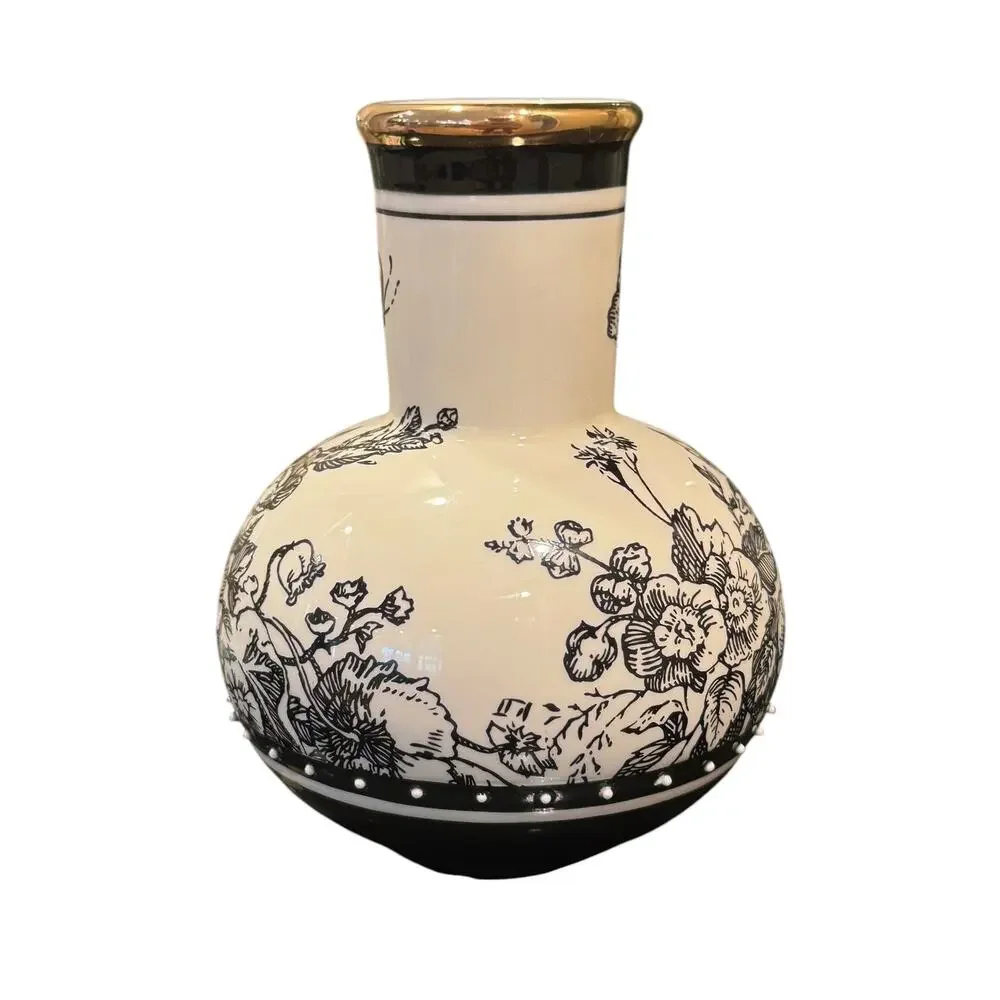 Mud Pie Small Black & White Floral Butterfly Bud Vase Gold Rim 5.25